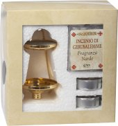 KN FR/005 CONFEZIONE BRUCIA INCENSO METALLO DORATO h 10,5 cm CIRCA CON CANDELA TEA LIGHT E INCENSO PROFUMATO JERUSALEM gr 25