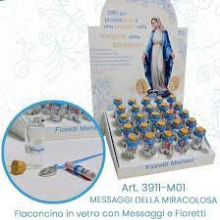 CN FR/014 BOTTIGLINA CON MESSAGGIO FIORETTI MARIANI E MEDAGLIA MIRACOLOSA C/LACCETTO CELESTE