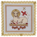 SM TT/014-LY SERVIZIO MESSA LINO 100% AGNELLO RIC ROSSO/ORO E MERLETTO ORO 4 PEZZI